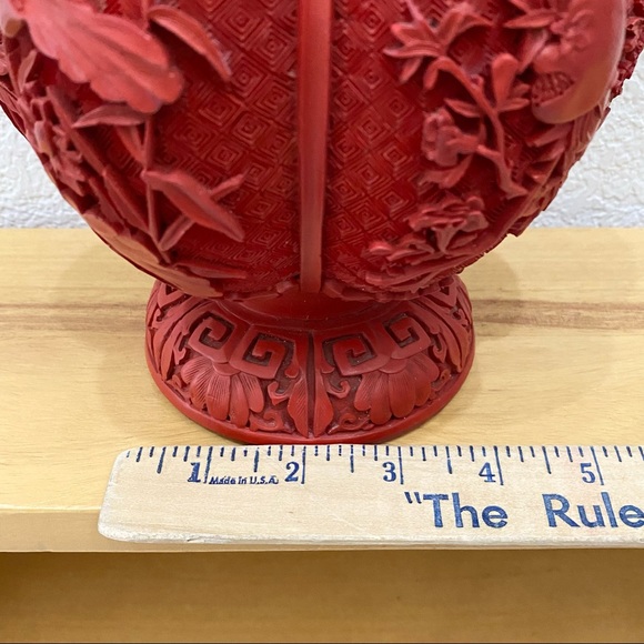 Vintage Cinnabar Red Carved Vase Floral Flower Ornate Brass Inlay 12.5-Inch Vase - Picture 7 of 15